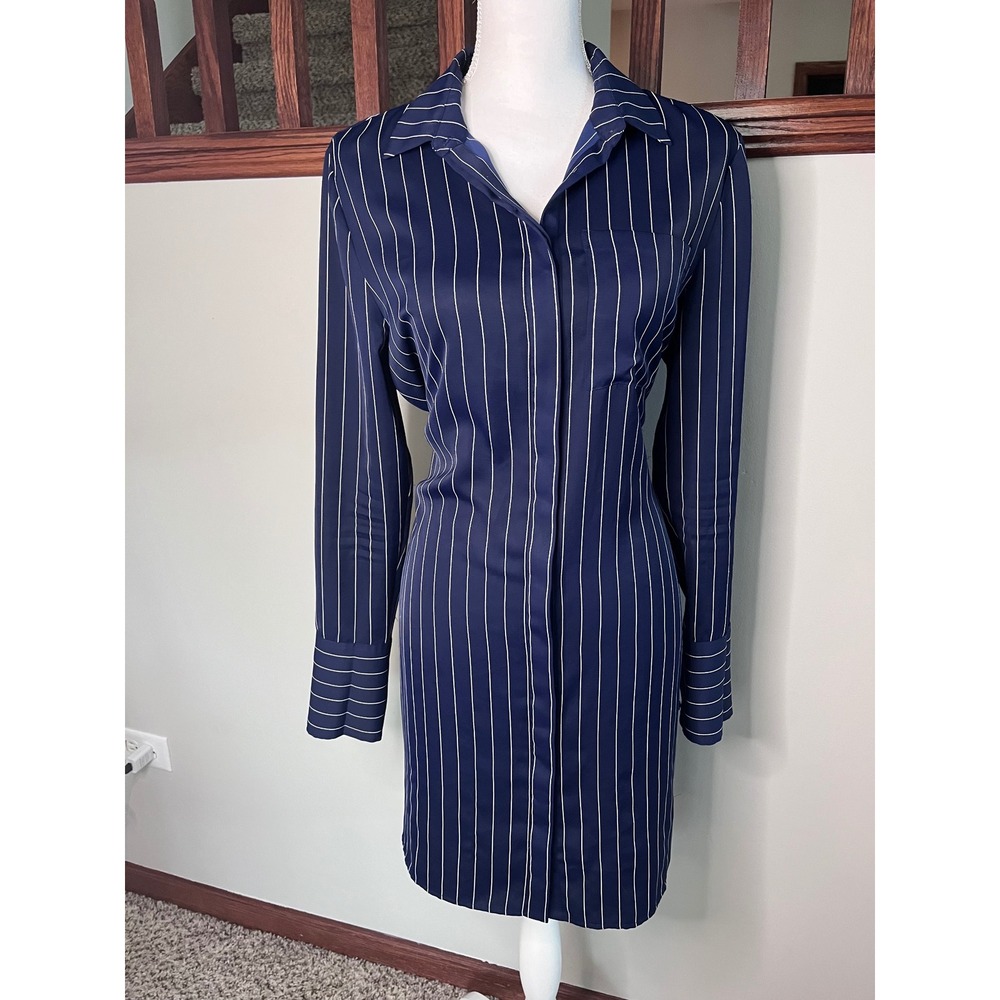 Armani Exchange Navy Blue Pinstripe Long Sleeve Tie Back Shirt Dress Large